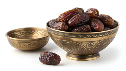 A bowl filled with dates next to a smaller bowl on a white surface in a studio setting showing detail
