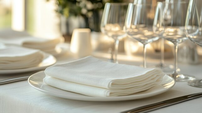 A set of crisp, off-white linen napkins, woven from the finest natural fibers, exuding an air of timeless elegance and effortless sophistication, ready to elevate your dining experience.