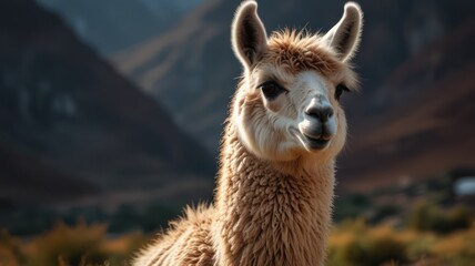 Obraz premium Close-up of a llama in a mountain landscape