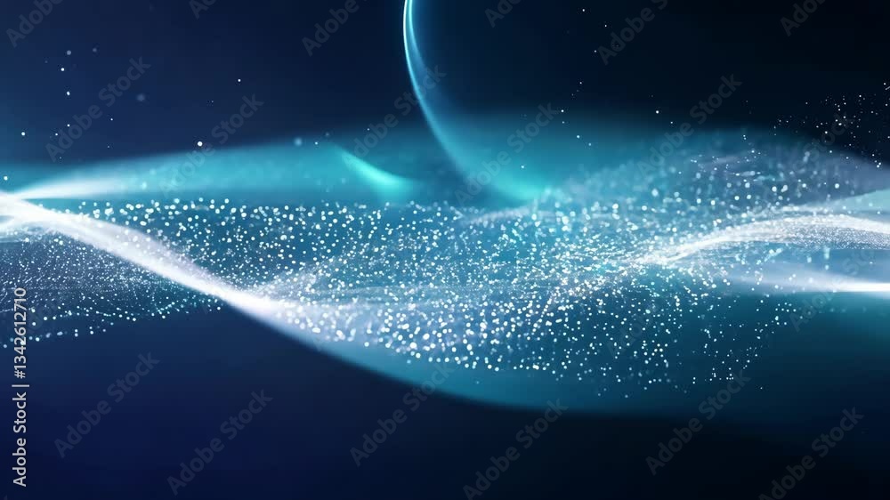 Poster abstract blue particle wave motion flow. digital data stream visualization in 4k.