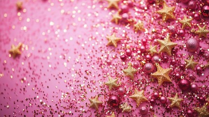 A festive backdrop of vibrant pink, illuminated by the warm glow of golden stars and baubles, inviting warmth and cheer into the holiday season.