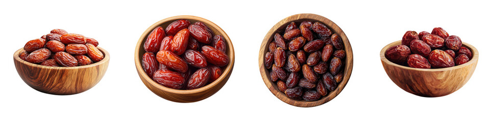 Assortment of various types of dried dates and raisins presented in rustic wooden bowls on a white background