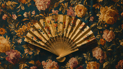 Traditional folding fan floral pattern vintage aesthetic delicate paper ornate wooden ribs classic cultural accessory elegant craftsmanship soft colors decorative historical charm antique background