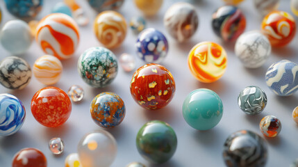 A collection of shimmering marbles in various translucent hues scattered across a neutral background, soft and diffused lighting, high-definition reflections