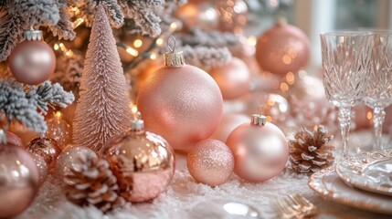A symphony of pink and golden tones, a whimsical composition of twinkling lights, frosted branches, and delicate ornaments, evoking a sense of warmth and joy.