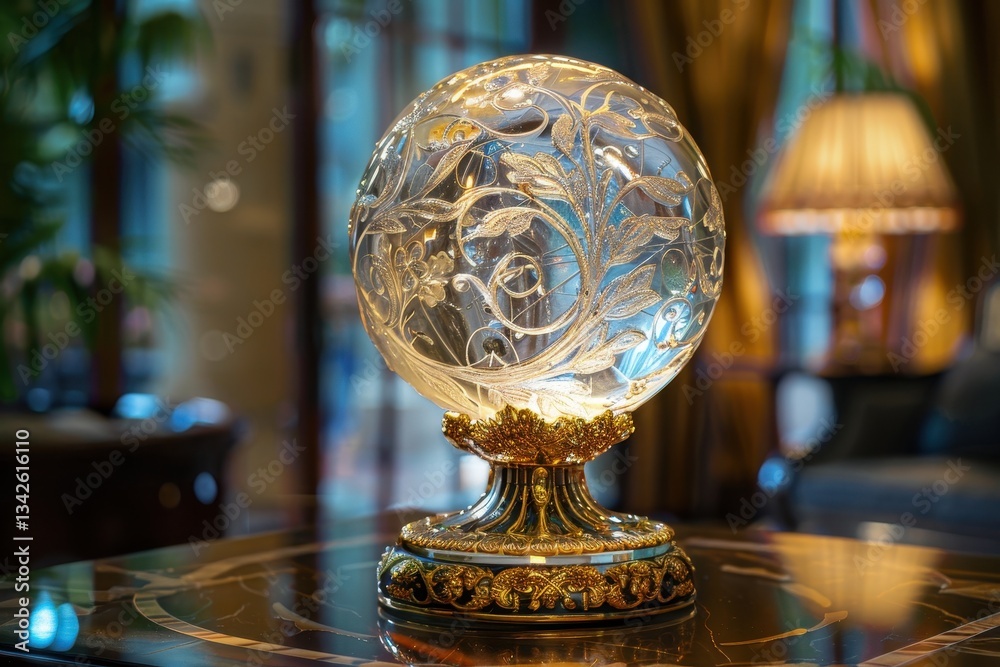 Poster Beautiful crystal globe resting on a polished marble base illuminated by soft light against a misty background creating an ethereal atmosphere