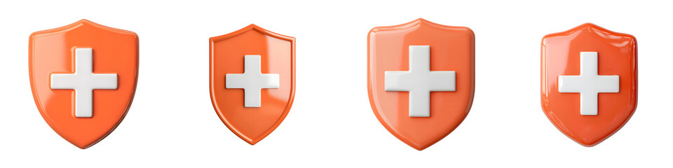 Obraz premium Collection of four vibrant orange medical shield icons with prominent white cross symbols representing healthcare first aid and emergency services