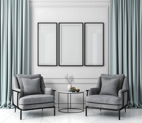 blue curtaimodern interior design, living room with two grey armchairs and blank poster framesns