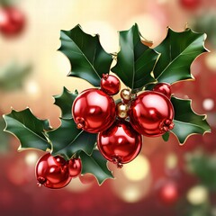 an AI Image Generator, Festive Holly Branch Decorated with Red Christmas