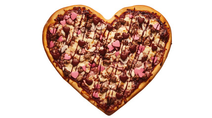 Fototapeta premium Heart-shaped pizza: Valentine's Day, love, romantic, delicious. Topped with cheese, meat, and chocolate hearts. Perfect date night treat! isolated on transparent background