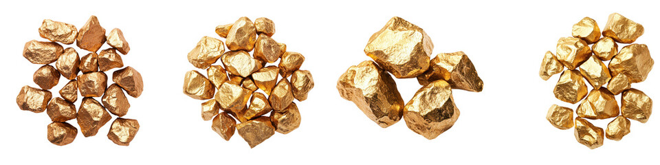 Obraz premium Assortment of natural unprocessed gold nuggets and mineral ore deposits in various shapes and sizes showcasing the raw form of this precious metal