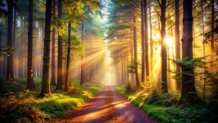 Obraz premium Sunbeams Through Forest Trees