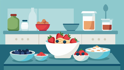 The kitchen counter is adorned with small bowls of yogurt granola and fresh berries ready to be mixed together for a nutritious parfait.. Vector illustration
