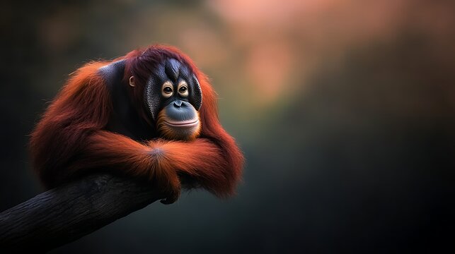 Orangutan Resting on Branch for Forest Sunset.