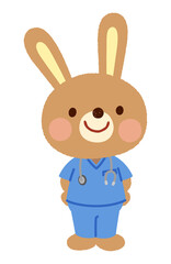 スクラブを着たウサギのお医者さん