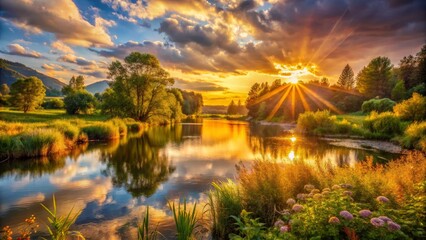 Fototapeta premium Serene River Landscape at Sunset