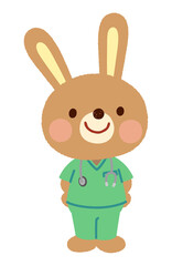スクラブを着たウサギのお医者さん
