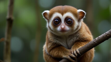 Obraz premium Cute primate in forest setting. Small, brown and white lemur, close-up, in a jungle environment