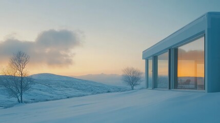 Modern architecture nestled in a tranquil winter landscape at dusk