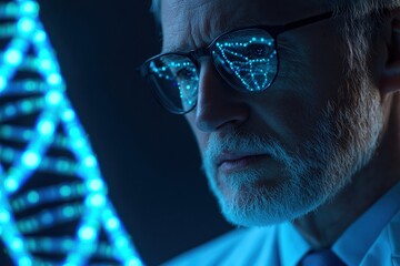 Aging Research Disease Prevention Concepts. Scientist analyzing DNA through glasses with illuminated strands.