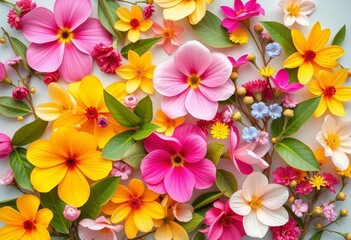Fototapeta premium Flat lay spring summer floral background Pastel colors, leaves, flowers, copy space, empty space, spring