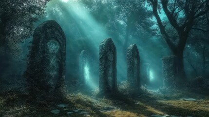 Obraz premium Enigmatic Stone Circle in a Misty Forest with Dramatic Light Rays
