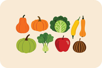 Autumn harvest vegetables set with pumpkin, tomato, carrot, onion, and pepper in a colorful vector illustration