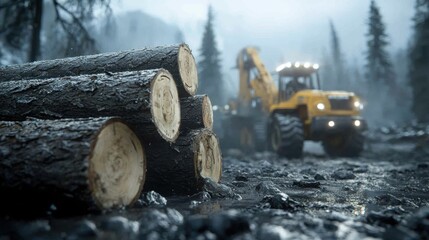 Logging scene with cut tree trunks and a tractor in a forest