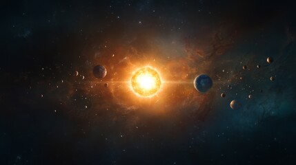 Fototapeta premium a cosmic view of planets orbiting a bright star.