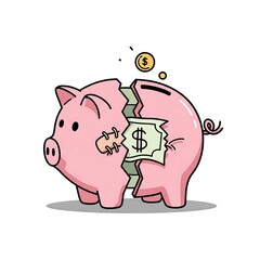 Fototapeta premium a broken piggy bank with a torn dollar bill stitch, symbolizing patched-up finances , patched finances, money repair, economic fix, fiscal mend, financial recovery, budget repair, monetary solution, 