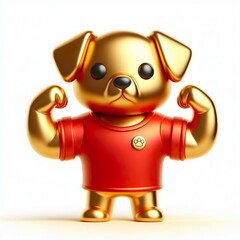 Naklejka premium 3d metallic gold Brave and strong cute dog with a red t-shirt Illustration on a white background
