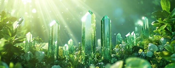Fototapeta premium A breathtaking display of vibrant green crystals glowing amongst lush vegetation under soft sunlight. Business life concept