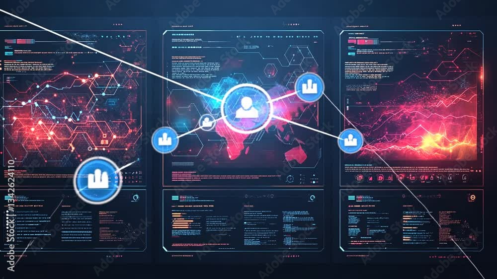 Wall mural futuristic digital interface with glowing network connections and data streams