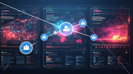 Futuristic digital interface with glowing network connections and data streams - Powered by Adobe