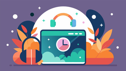 A calming background music playlist that automatically starts after a certain amount of screen time signaling its time for a break.. Vector illustration
