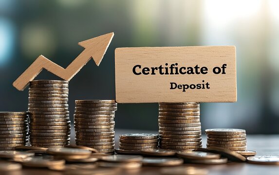 A graph arrow pointing upwards with the word "Certificate of Deposit" written on wooden blocks next to stacks of coins,