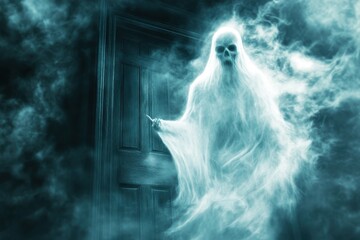 Haunting Ghost Emerges from Dark Doorway in Spooky Atmosphere