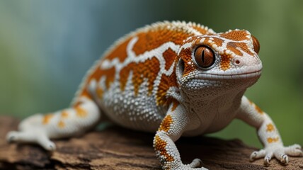 Naklejka premium Close-up of a beautiful gecko with vibrant orange and white patterns, perched on a branch. Details on its scales and eyes are clearly visible
