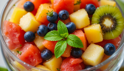 Colorful Fresh Fruit Salad with Watermelon, Mango, and Kiwi, Garnished with Mint