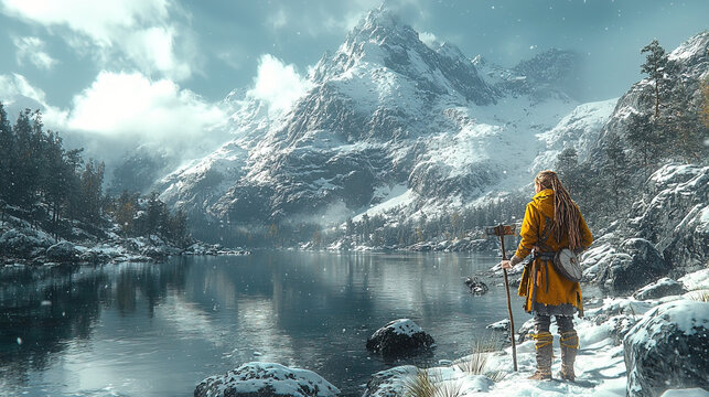 Female Viking Explorer Navigating Icy Fjord with Sealskin Waders and Walrus Ivory Arm Rings
