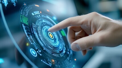 Hand Interacting with Futuristic Digital Interface Display Screen