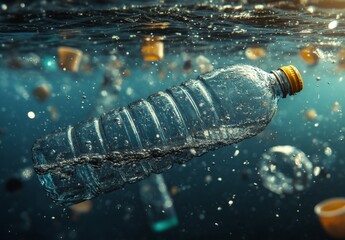 Pollution in Ocean Water Represented by Floating Plastic Bottle and Debris in Underwater Scenery Highlighting Environmental Issues and Marine Life Threats