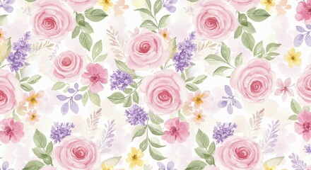 Watercolor Floral Pattern with Roses Lavender and Leaves for Backgrounds