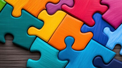 Obraz premium Colorful Wooden Puzzle Pieces on a Dark Wooden Surface