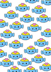 cute blue candy characther pattern with heart crown. smilling faces super cute