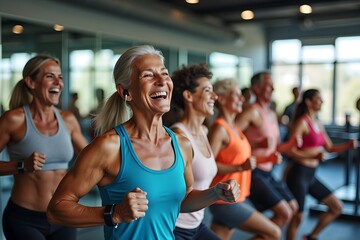 an adult is exercising happily in a fitness center.