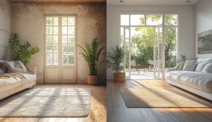 Fototapeta premium Contrast Between Vintage and Modern Living Spaces with Natural Light and Greenery in a Minimalist Design Aesthetic