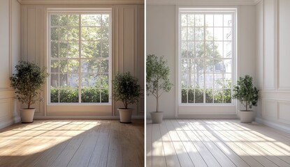 Fototapeta premium Bright and Airy Interior Scene with Elegant Window and Potted Plants, Sunlight Streaming Through, Modern Minimalist Design, Fresh and Inviting Ambience