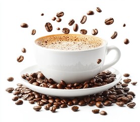 Obraz premium Fresh Brewed Coffee in White Cup Surrounded by Roasted Coffee Beans with Floating Beans Against White Background