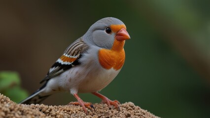 Close-up of a colorful bird perched on a sandy patch.  A charming small bird with a mix of gray, white, and orange plumage, vibrant colors.  Distinct markings